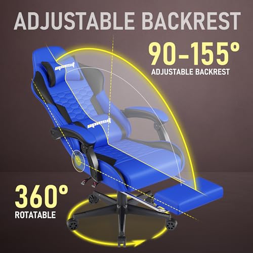 Gaming Chair, Computer Office Chair with Footrest, Linkage Armrests and Lumbar Support, High Back Ergonomic Gamer Chairs for Adults, Blue Fabric