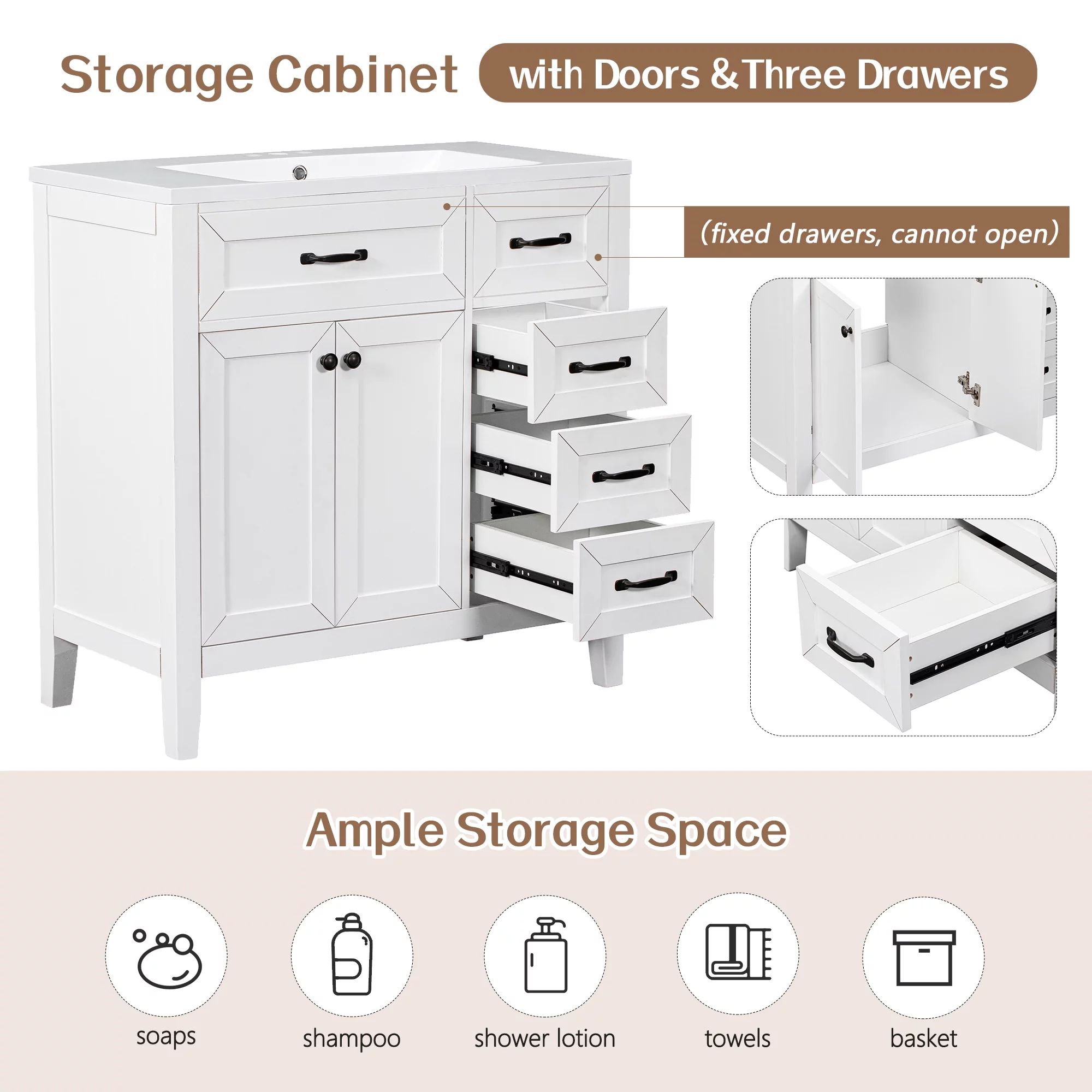 Royard Oaktree 36" Single Bathroom Vanity Modern Under Sink Storage Vanity Base with 2 Doors & 3 Drawers Freestanding Bathroom Storage Cabinet for