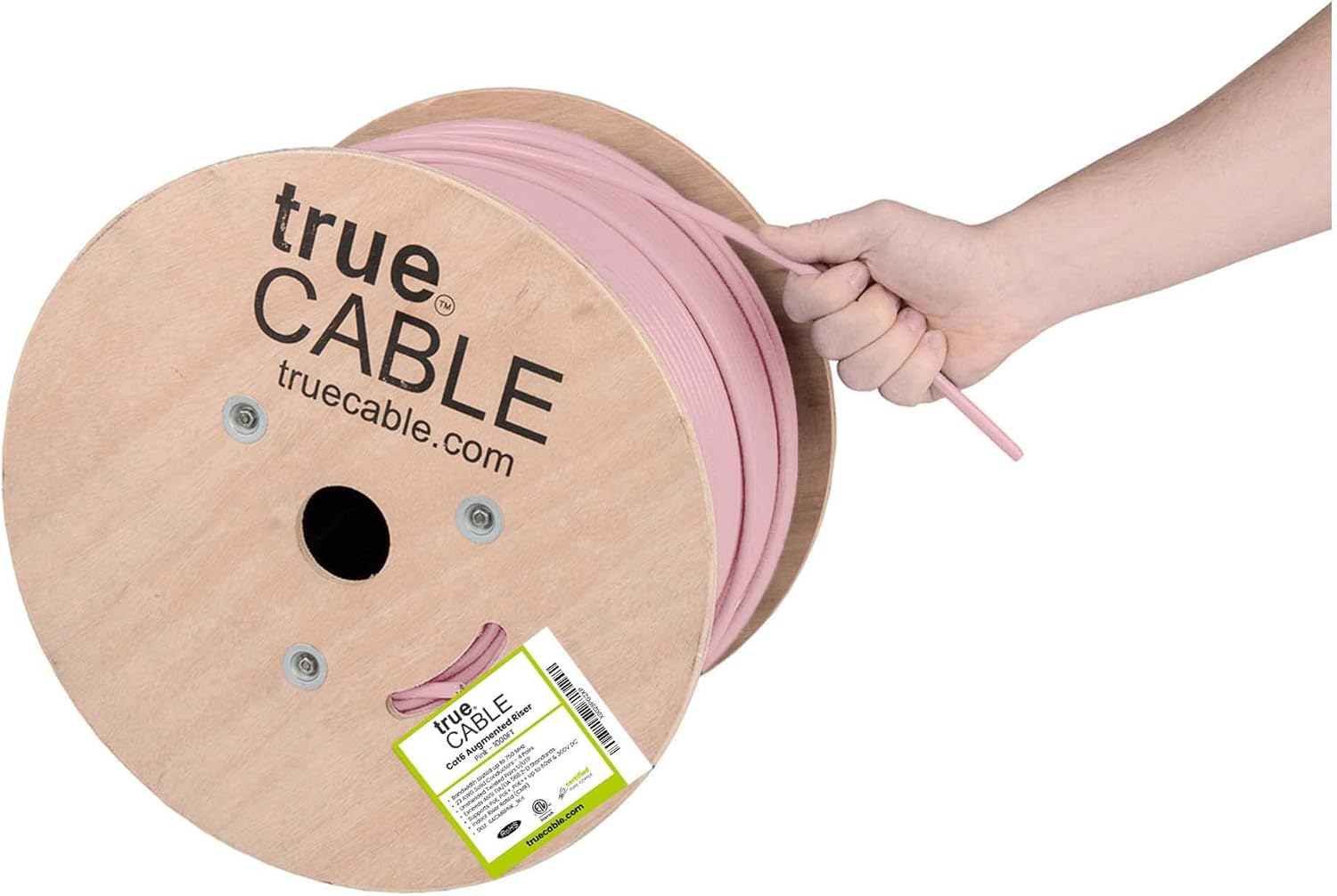 trueCABLE Cat6A Riser (CMR), 1000ft, Blue, 23AWG 4 Pair Solid Bare Copper, 750MHz, PoE++ (4PPoE), ETL Listed, Unshielded Twisted Pair (UTP)
