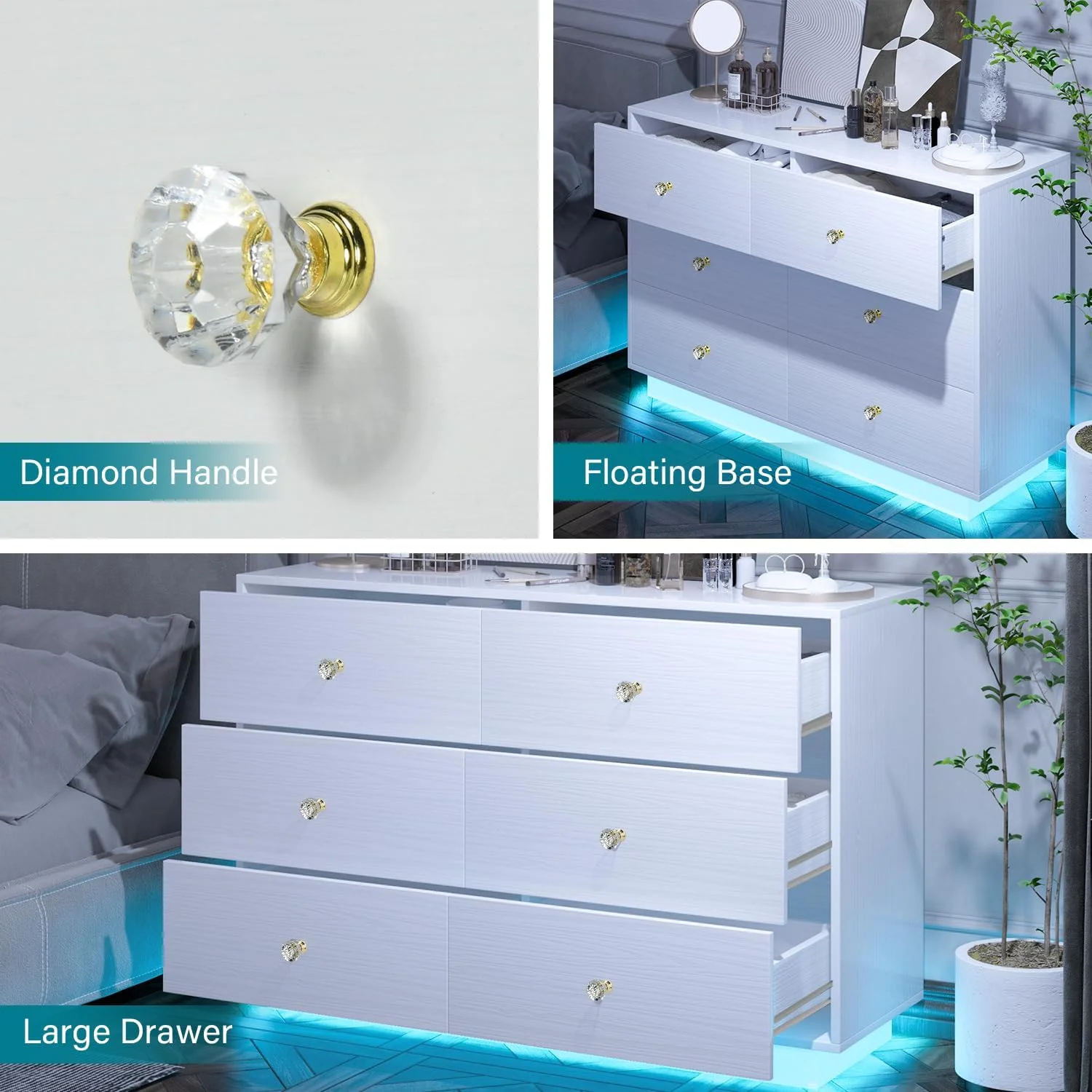 4 EVER WINNER Dresser with LED Light for Bedroom, White 6 Drawers Dresser, Modern Storage Cabinet Chest of Drawer for Bedroom, White