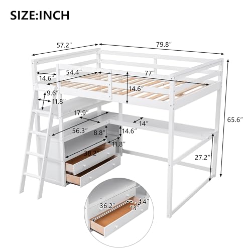 Full Size Loft Bed with Desk & Wardrobe, Solid Wood Kids Loft Bedframe w/3 Storage Drawers & 2 Shelves, Maximum Space Design, for Bedroom, Dorm, Gray