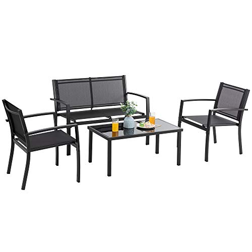 Vongrasig 4 Pieces Patio Furniture Sets,Outdoor Patio Conversation Sets with Glass Coffee Table, Small Porch Balcony Furniture