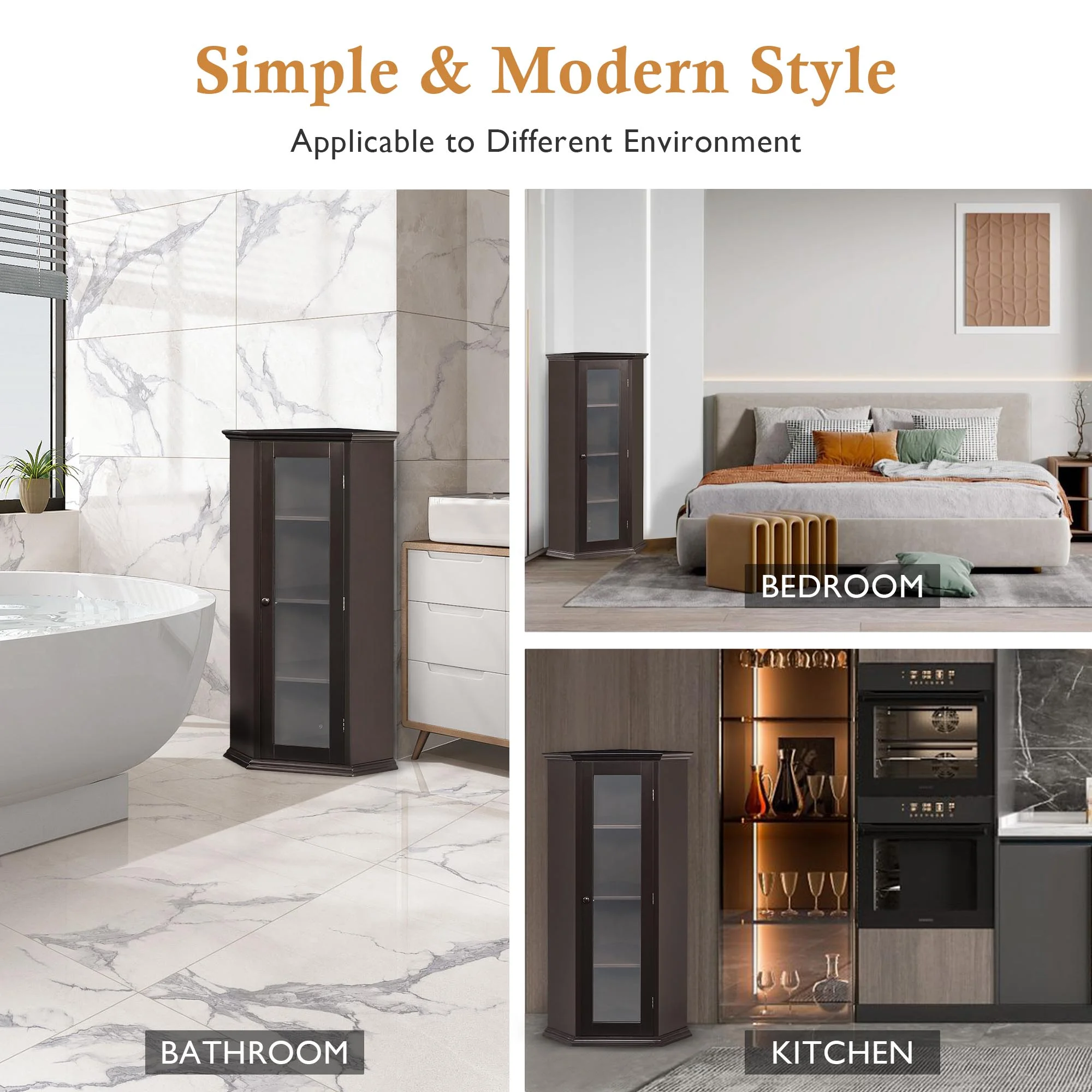 Freestanding Bathroom Cabinet with Glass Door, Corner Storage Cabinet for Bathroom, Living Room and Kitchen, MDF Board with Painted Finish