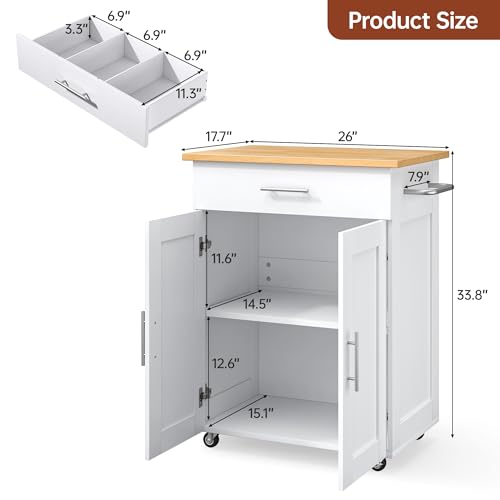 Kitchen Island with Storage, 31.5" D Rolling Kitchen Island Cart on Wheels with Widen Drop Leaf Rubberwood Top