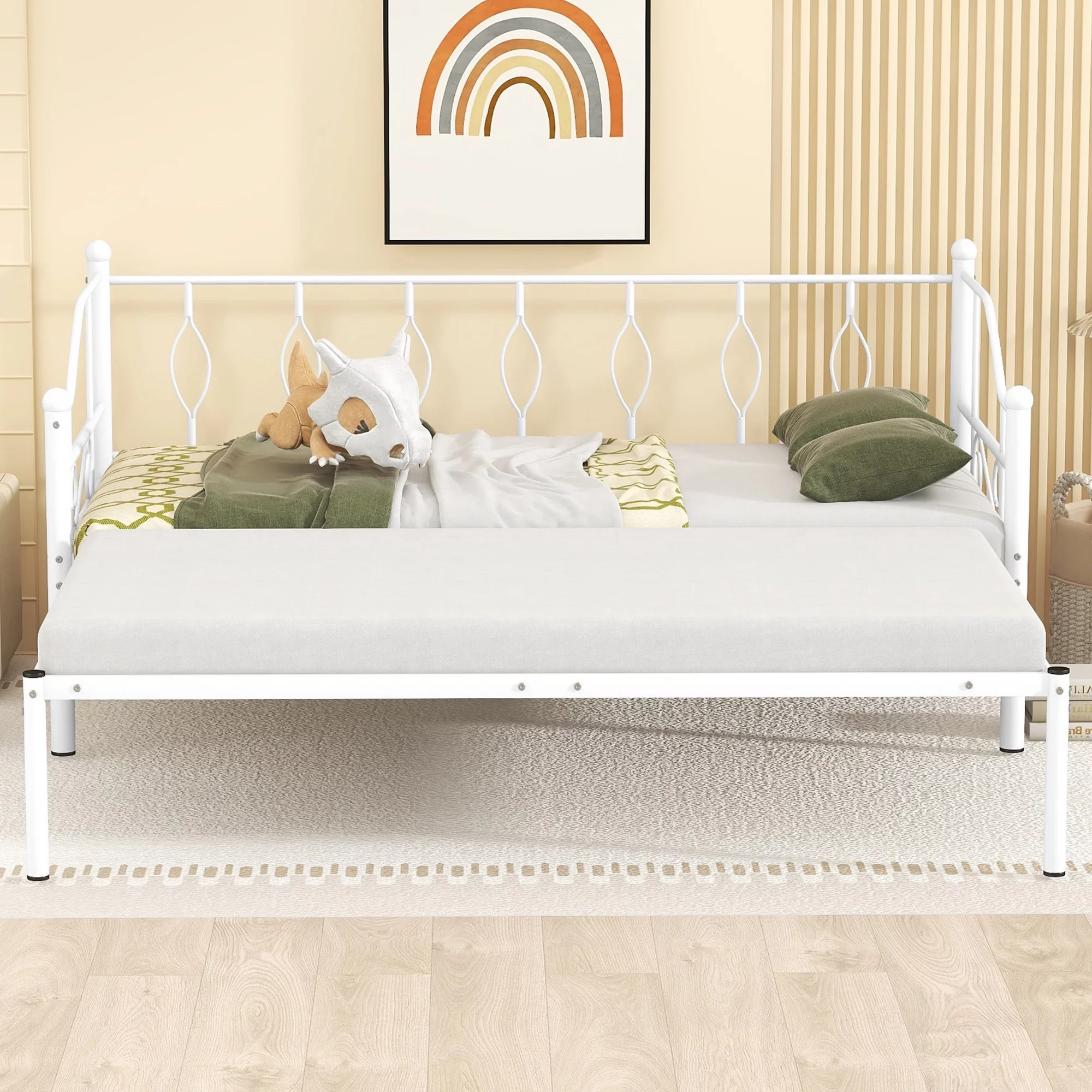 Twin Size Metal Frame Daybed with Trundle, Heavy Duty Steel Slat Support Saving Space Bed Sofa