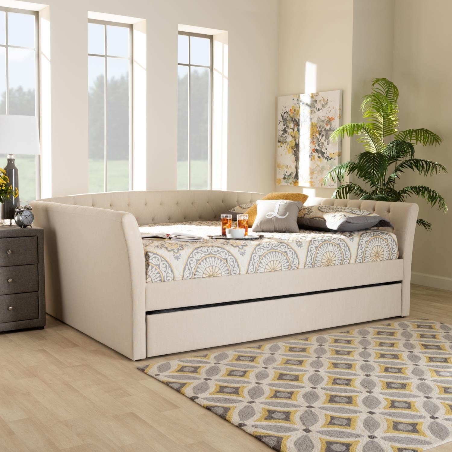 Baxton Studio Delora Modern and Contemporary Beige Fabric Upholstered Full Size Daybed with Roll-Out Trundle Bed