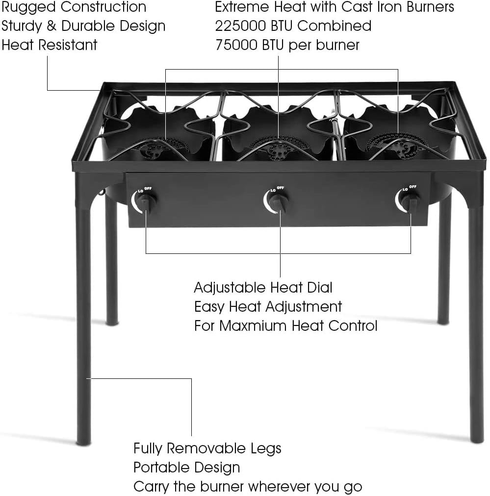 FANTASK 3-Burner Outdoor Camping Stove, Portable High Pressure Propane Gas Cooker Burner w/Detachable Legs for Patio Camp Cooking
