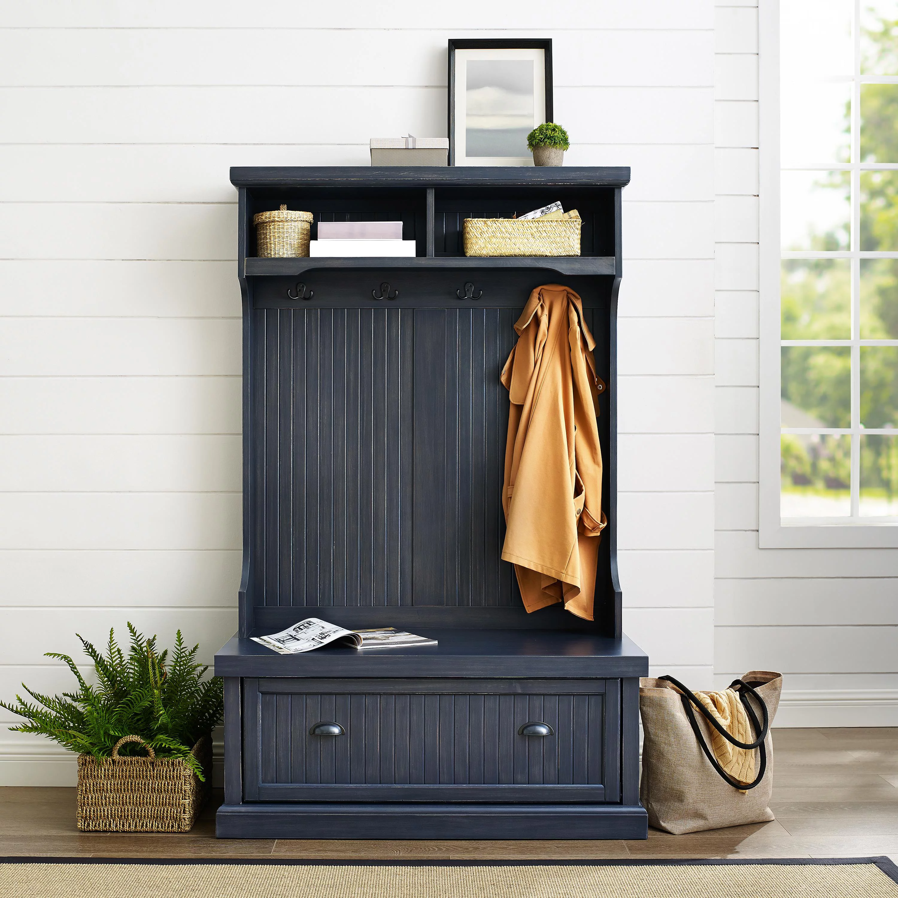 Crosley Furniture Seaside Wood 4 Hook Hall Tree in Distressed Navy