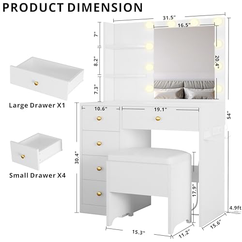 IRONCK Vanity Desk with Mirror and Lights, Small Makeup Vanity Table with 5 Drawers, Power Outlet, and Vanity Stool, 3 Lighting Colors