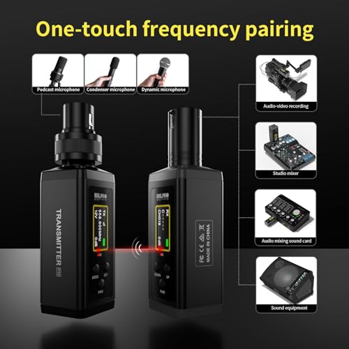 UHF Wireless XLR Transmitter and Receiver with Dual Antennas, 470ft Range, Auto Channel Scanning, Plug-on Wireless Mic Adapter for Audio Mixer