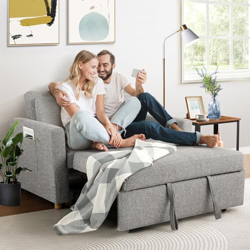 SEJOV 3-in-1 Convertible Sofa Bed, Linen Fabric Sleeper Couch Pull Out Bed, 49" 2-Seater Loveseat Futon Sofa with Spring Support