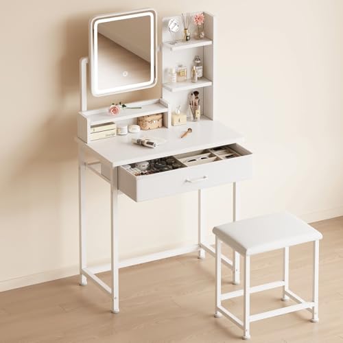 Makeup Vanity Desk with Mirror and Lights, Small Vanity with Fabric Storage Drawer & Chair & Shelves, White Compact Makeup Vanity Set for Bedroom
