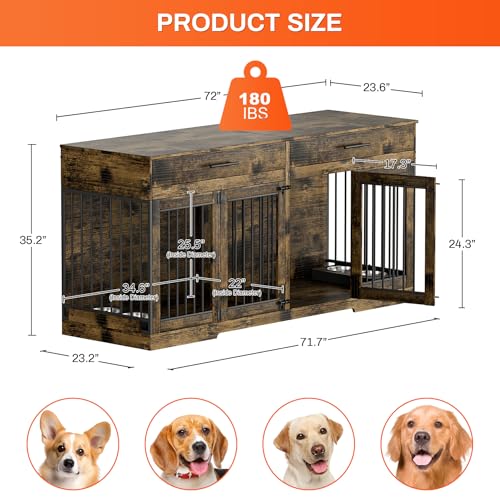 Rophefx 72" Dog Crate Furniture for 2 Dogs, Large Double Dog Kennel Indoor Furniture with 2 Storage Drawers and Removable Divider