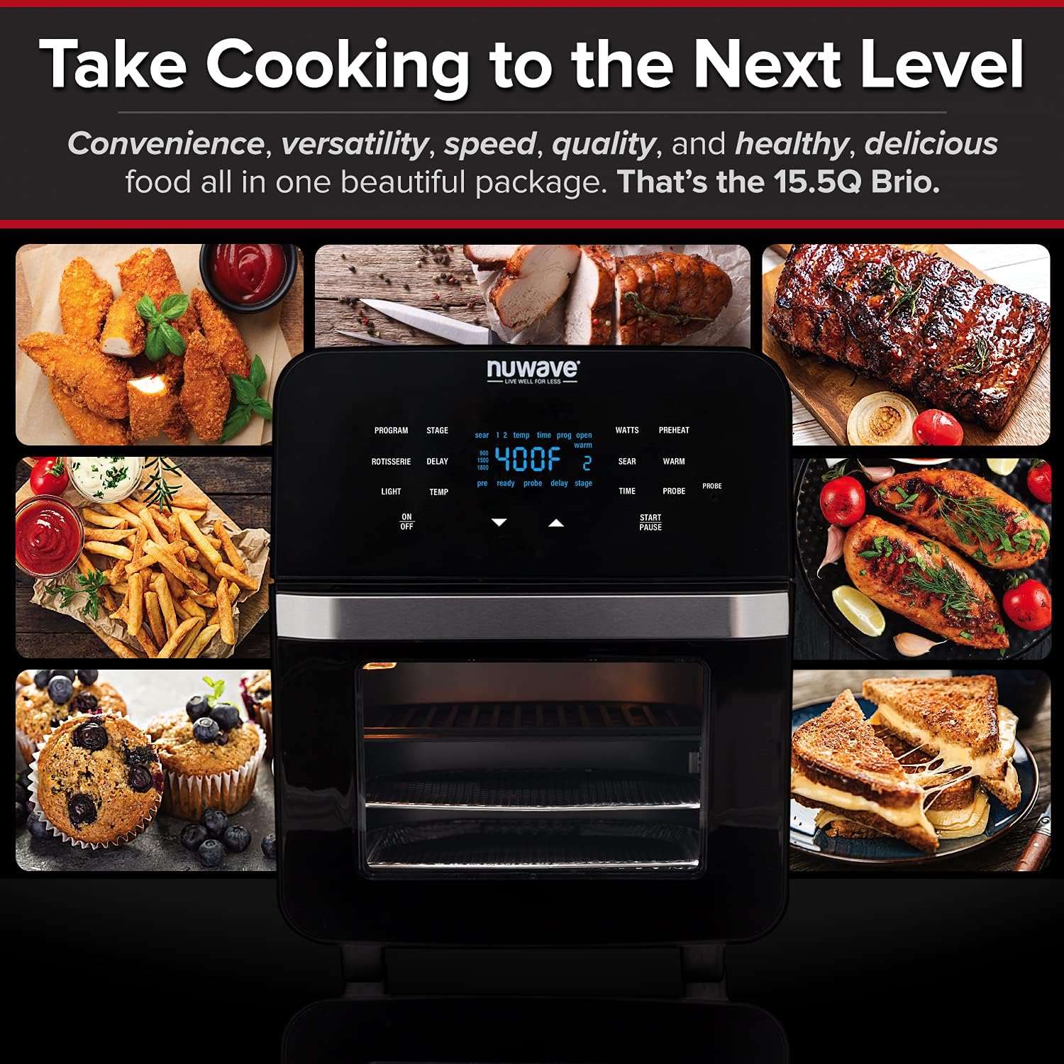 NUWAVE Brio Air Fryer Smart Oven, 15.5-Qt X-Large Family Size, Countertop Convection Rotisserie Grill Combo, 4 Rack Positions