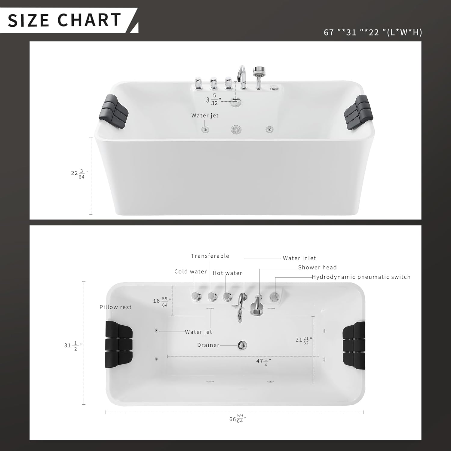 Empava 67 Inch Freestanding Whirlpool Bathtub with 8 Jets Luxury Acrylic Massage SPA Soaking Bath Tub Double Ended, White