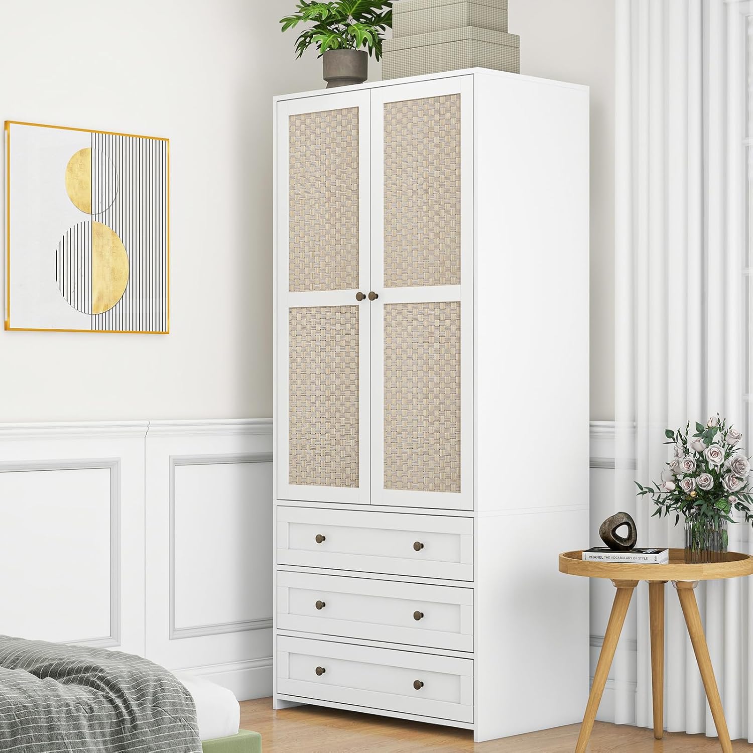 Bedroom Armoire Wardrobe Closet with Rattan Door, Bedroom Armoire Cabinet with Hanging Rod and 3 Drawer