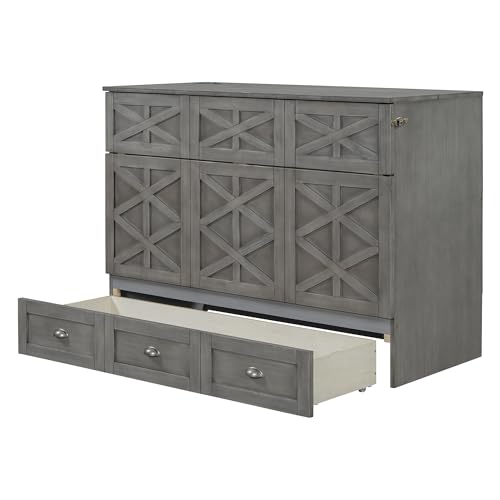 Merax Full Size Murphy Bed, Wooden Full Murphy Cabinet Bed Frame with Large Drawers and USB Ports, Brushed White