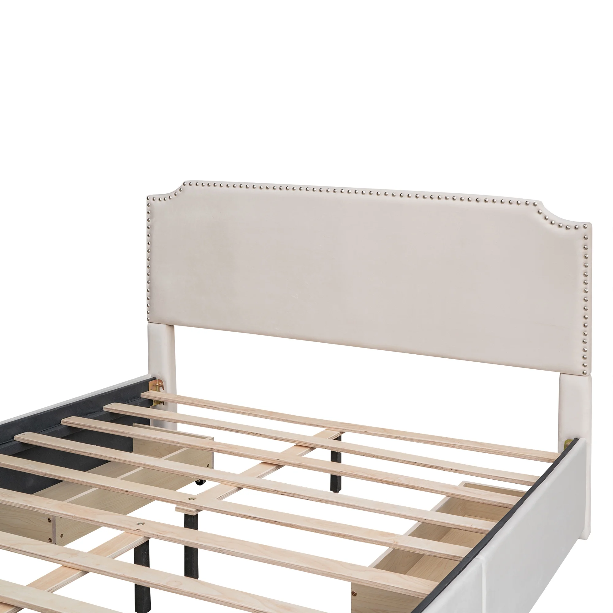 Upholstered Queen Size Bed with 4 Storage Drawers,Upholstered Platform Bed Frame with Stud Trim Headboard and Footboard