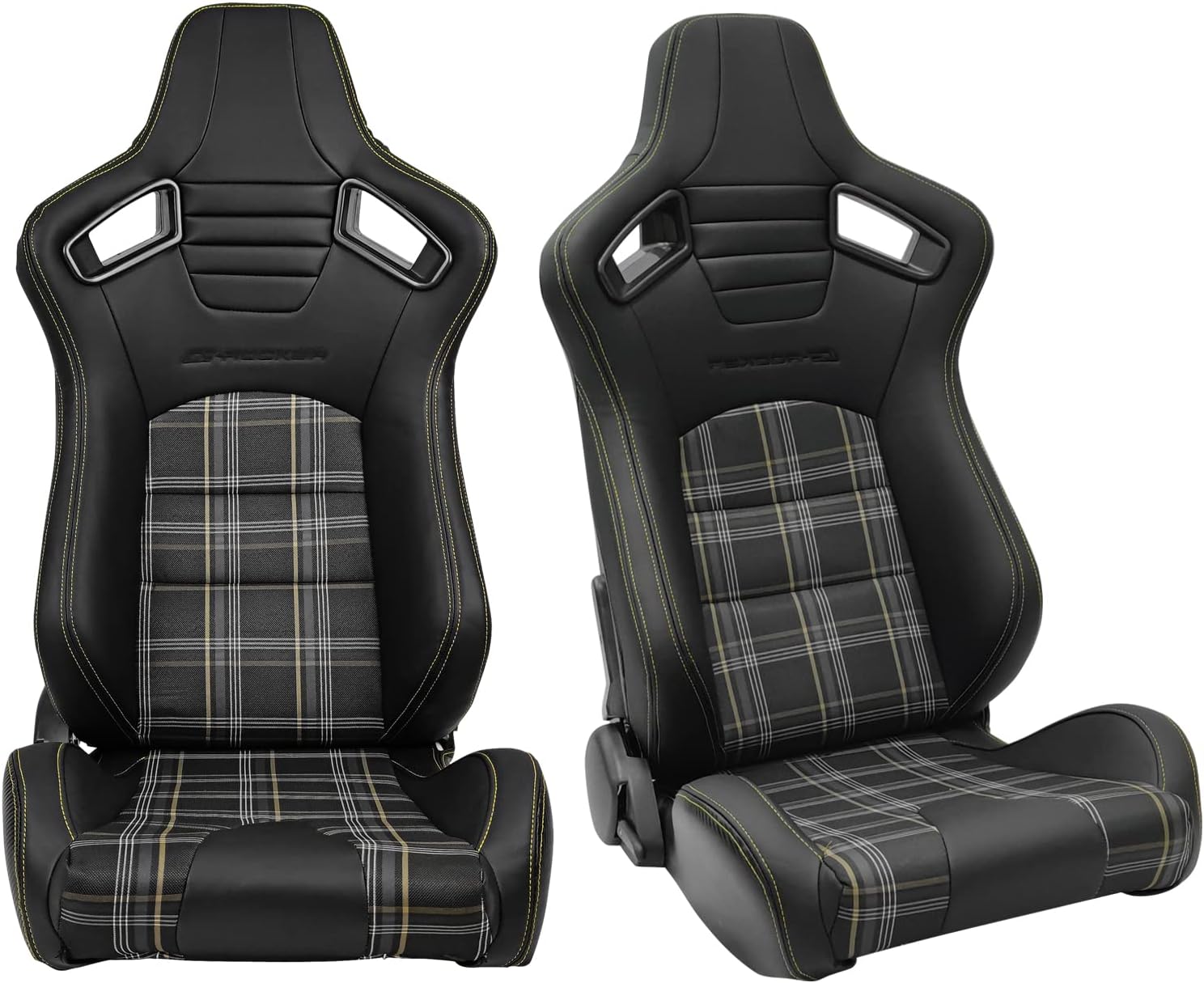 IKON MOTORSPORTS, Universal Racing Seats Pair with Dual Sliders, PU & Red Plaid Fabric & Carbon Leather Reclinable Left Right