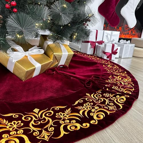 72-Inch Victorian Velvet Christmas Tree Skirt with Gold Damask Embroidery and Plush Lace Ties, Burgundy