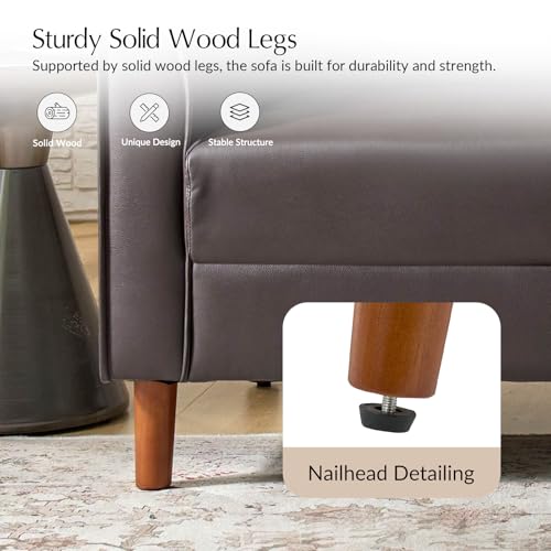 HULALA HOME 78" Faux Leather Sofa with Solid Wood Legs, Mid-Century Modern PVC Leather Couch, Comfy Upholstered 3-Seater Sofa for Living Room Bedroom