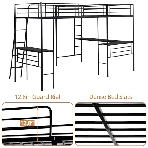 Twin Size L-Shaped Loft Bed with 2 Built-in Desks, Metal Loft Corner Bed with 2 Ladders and Safety Guard Rail