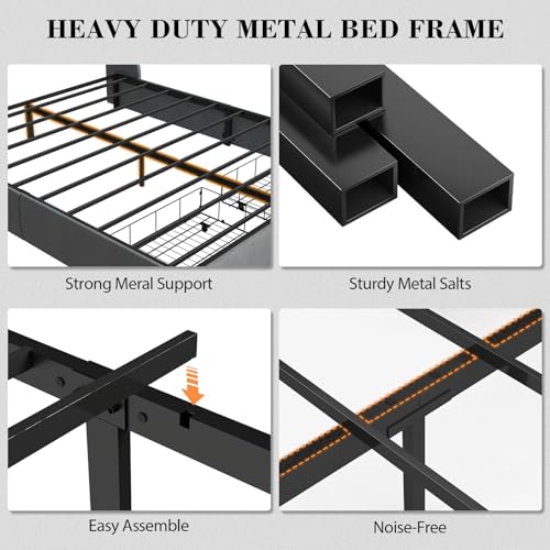 Queen Bed Frame with 2 Storage Drawers, Platform Bed Frame Queen Size with LED Light, Upholstered Headboard, Charging Station, Steel Slat Support