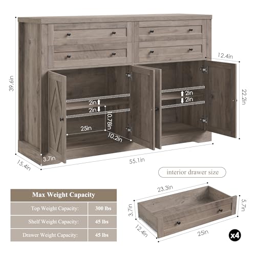 HOSTACK 55" Coffee Bar with 4 Large Drawers, 40" Tall Buffet Cabinet with Storage, Kitchen Storage Cabinet, Modern Farmhouse Sideboard Buffet