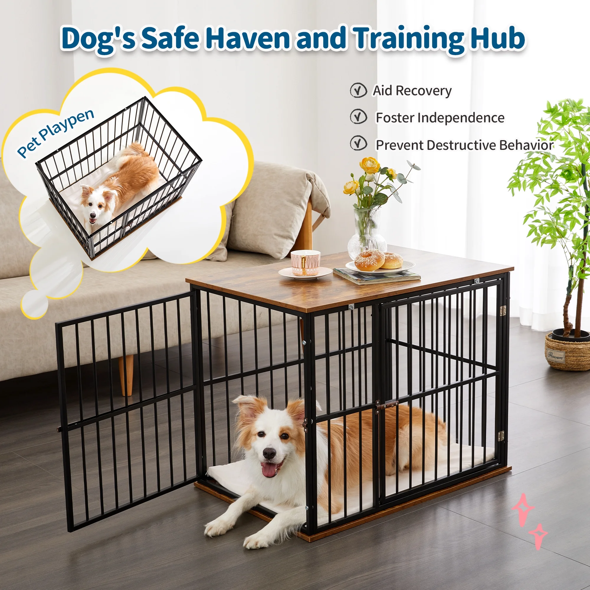 Made4Pets Medium Wooden Dog Crate Furniture with Washable Cushion for Dogs