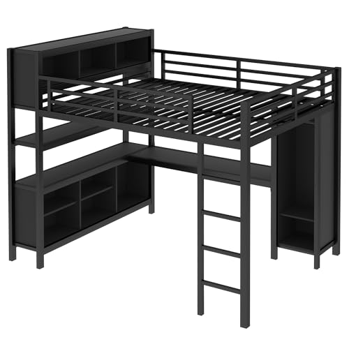 Harper & Bright Designs Full Loft Bed with Desk, Metal Loft Beds with Storage Shelves, Desk, and Wardrobe, Heavy-Duty Loft Bed Frame for Kids, Teens