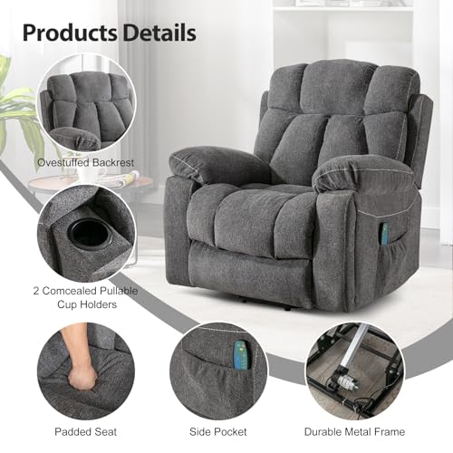 Phoenix Home Large Power Lift Recliner Chair with Massage and Heat for Elderly, Overstuffed Wide Recliners with 2 Cup Holders