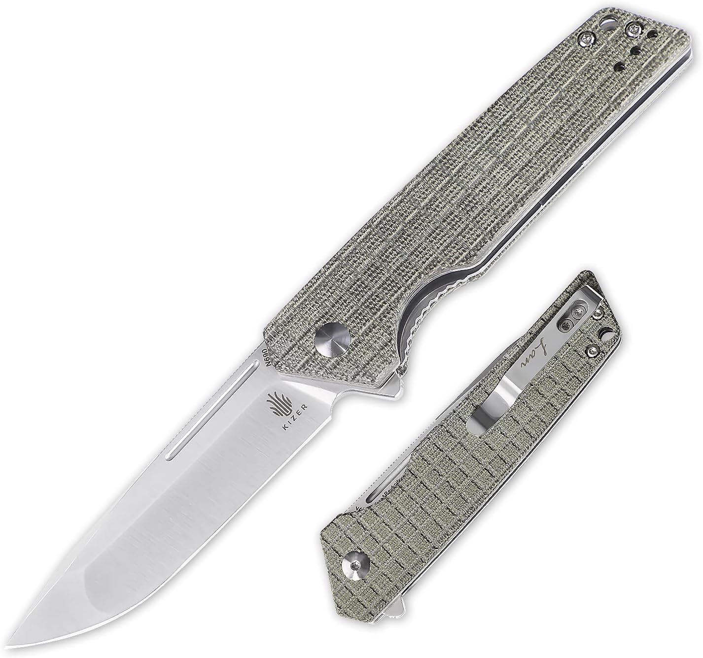Kizer Lan, Folding Pocket Knives, Micarta Handle with N690 Drop Point Blade, Finger Cut Out, Lanyard Hole, Deep Carry Clip for Camping, Outdoor