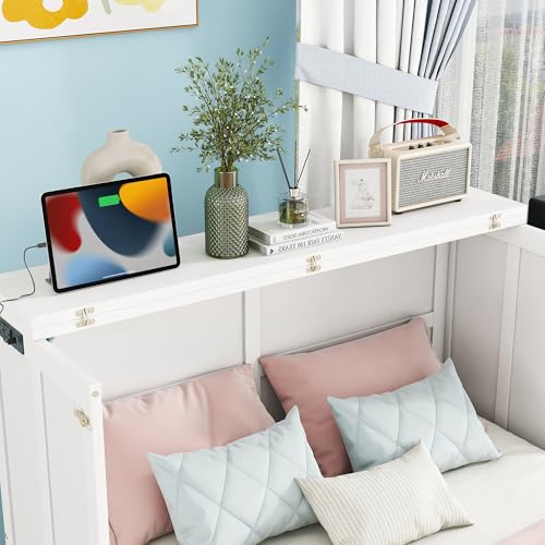 Queen Murphy Bed with Desk and Removable Shelves on Each Side, Murphy Bed Chest Murphy Bed Frame w/USB Port for Home Office, Studio or Guest Room