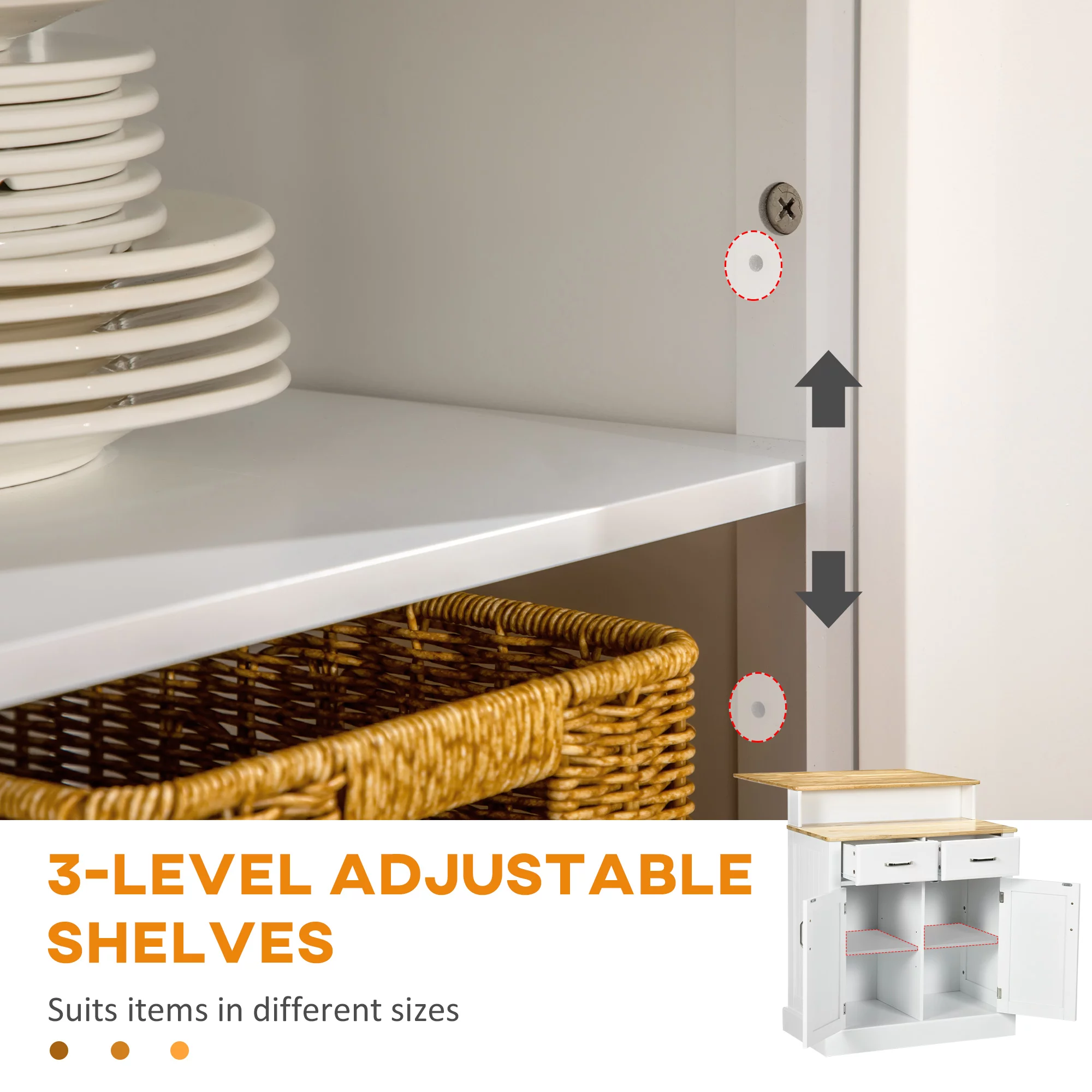 HOMCOM Kitchen Island with Storage Cabinet and 2-Level Rubber Wood Tabletop, Island Table with Adjustable Shelves and Drawers, White