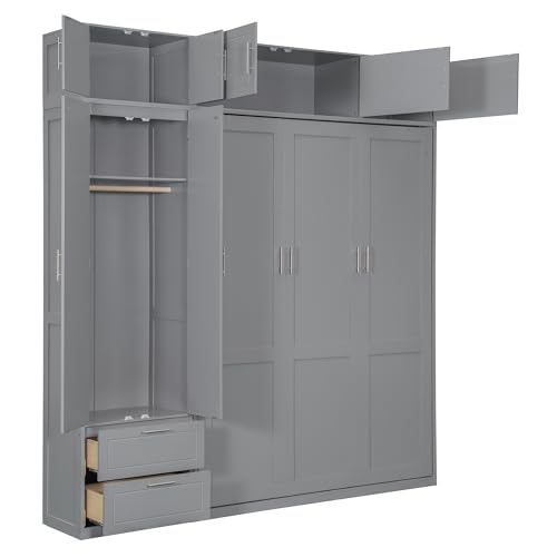 LZ LEISURE ZONE Full Size Murphy Bed, Wood Space Saving Foldable Wall Bed with Desk, Top Cabinet and Storage Shelves, White