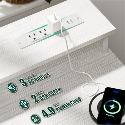 47 Inch Computer Gaming Desk with Power Outlets LED Lights Reversible Home Office with Adjustable Fabric Storage Drawers for Working Writing Study