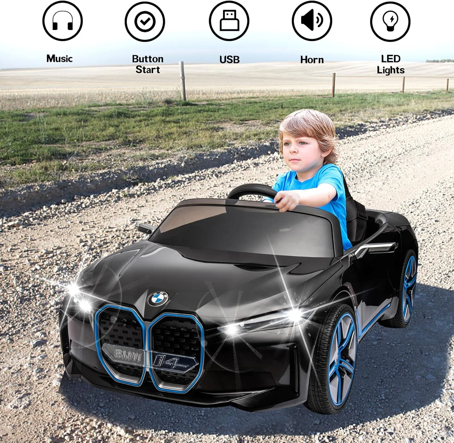 BMW i4 12V Kids Electric Ride-On Car with 2.4G Remote Control, Battery Powered Electric Vehicle Toys Car for 3-8 Years Old, Safety Belt, LED Lights