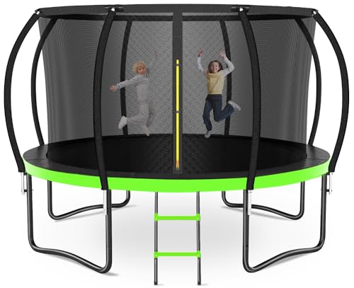 12FT 14FT 16FT Outdoor Trampoline for Kids & Adults, Recreational Trampoline w/Ladder & Safety Net, Heavy Duty Backyard Metal Trampoline