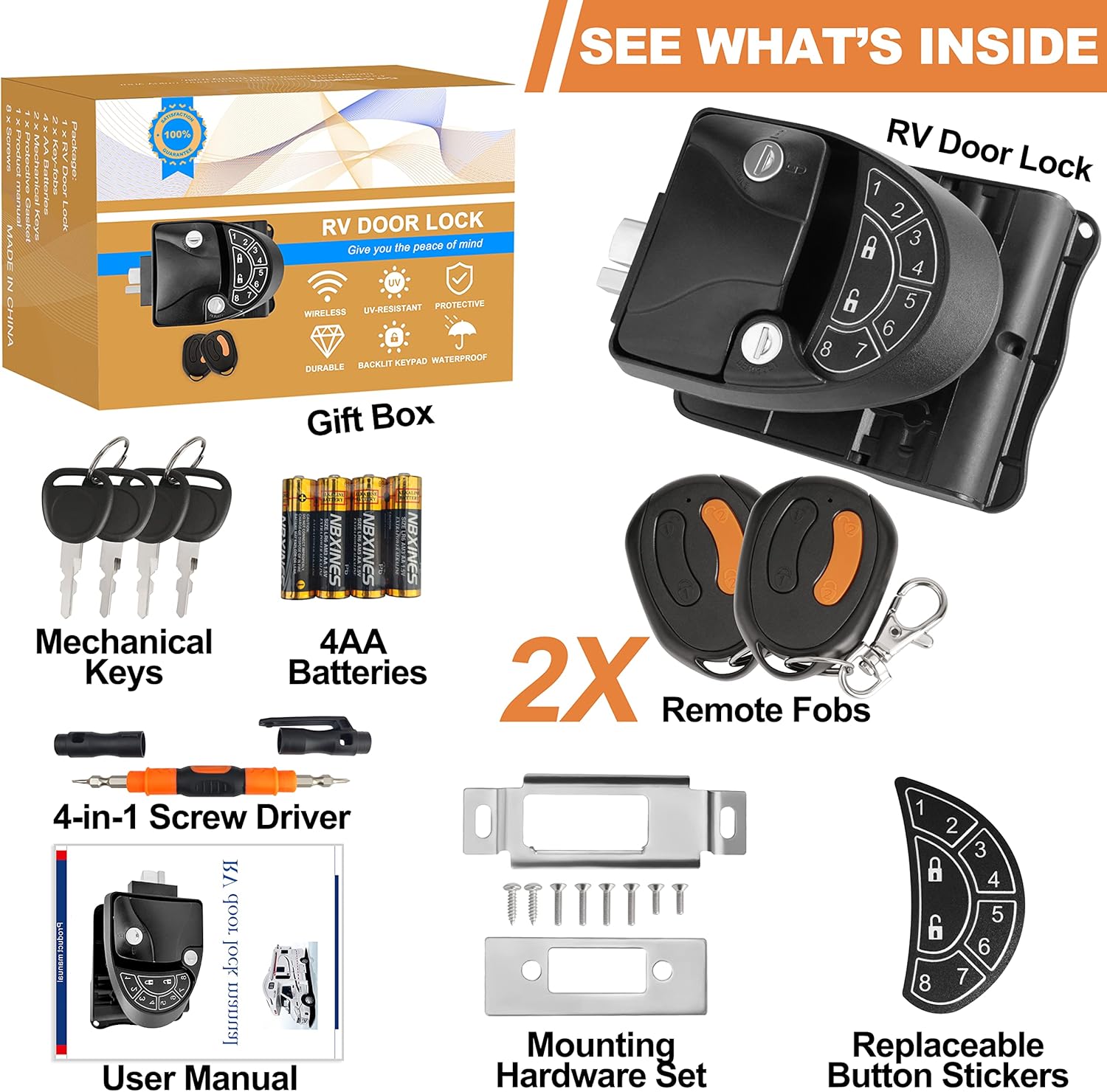 YOMILINK Upgraded RV Door Lock Keyless Entry Black, Zinc Alloy Metal Camper Trailer Door Lock with Backlit Keypad and 2 Remote Fobs, 4 Keys