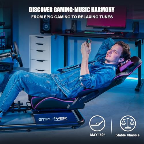 GTPLAYER Racing Simulator Cockpit with Seat and Bluetooth Speakers, Racing Style Reclining Seat and Ultra-Sturdy Alloy Steel Frame, A/B Box (Blue)