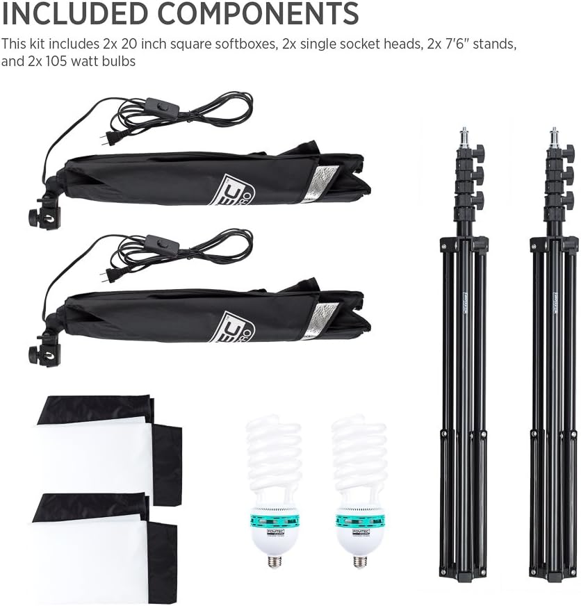Fovitec 2-Light High-Power Fluorescent Studio Lighting Kit, 20"x20" Quick Setup Softboxes, 105W Bulbs & Light Stands for Portraits, Product Photos