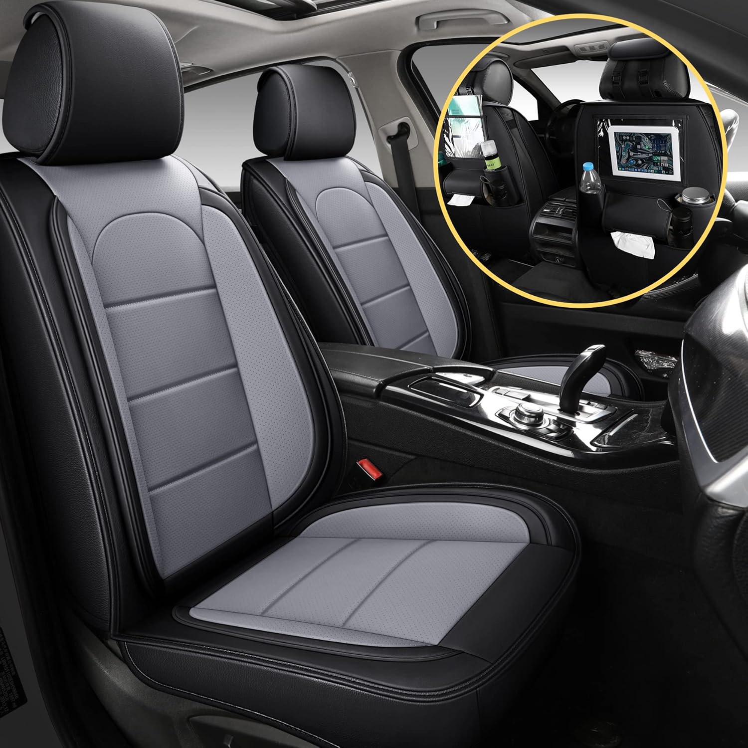 AOOG Leather Car Seat Covers with Car Backseat Organizer, Universal Automotive Vehicle Seat Cover for Most Sedan SUV Pick-up Truck, Front Pair, Beige