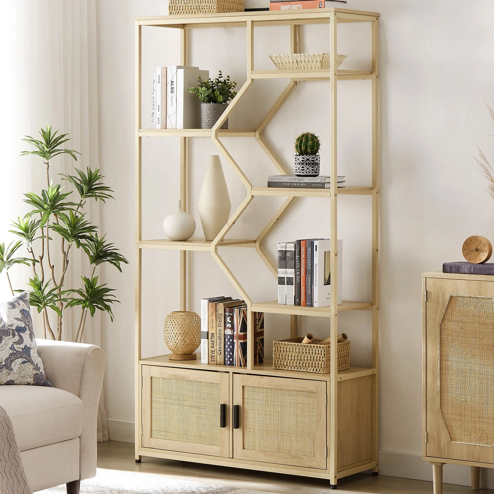 YISUYA Rattan Bookshelf 7 Tiers Bookcases Storage Rack, Rattan Bookshelf with Storage Cabinet, 7 Tiers Bookcases Storage Shelf with Doors