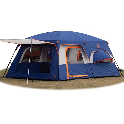 KTT Extra Large Tent 10-12-14 Person(B),Family Cabin Tents,2 Rooms,3 Doors and 3 Windows with Mesh,Straight Wall,Waterproof,Double Layer