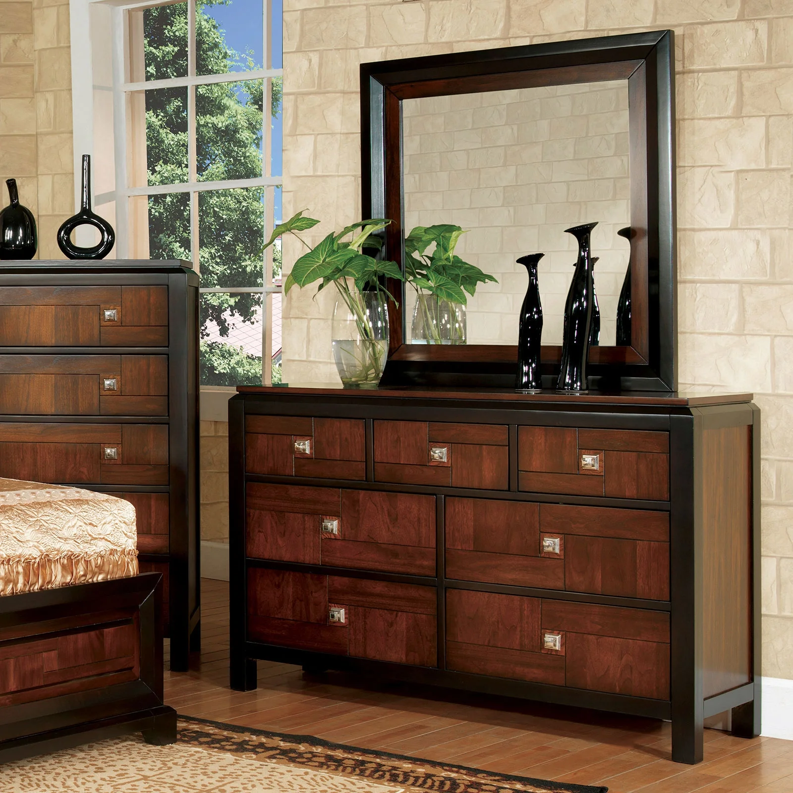 6pc Bedroom Furniture Set Queen Size Bed Dresser Mirror 2x Nightstands Chest Gorgeous Two Tone Walnut Solid wood Acacia