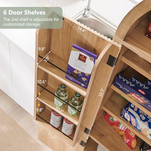 71" Tall Arched Kitchen Pantry, Modern Fluted Wood Storage Cabinet with Doors, 3 Adjustable Shelves, 6 Door Shelves, Organizer