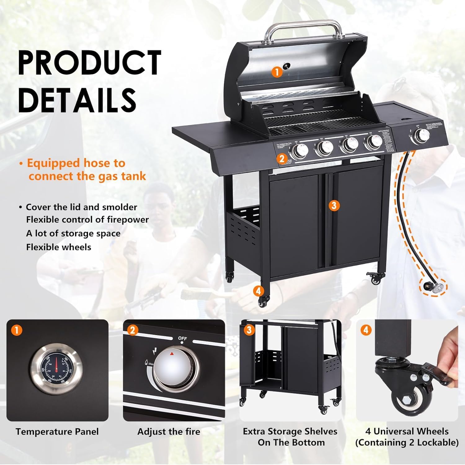 MAGIC UNION 4-Burner Propane Gas BBQ Grills with Side Burner, Cast Iron 50