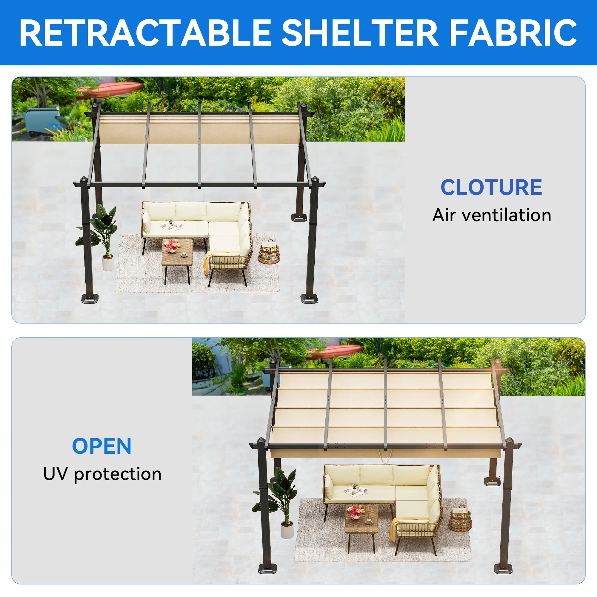 Dextrus 10x13ft Outdoor Aluminum Pergola, Retractable Pergola Canopy Shelter Grape Trellis With Sunshade,Brown Curtain - Curated Treasures Market