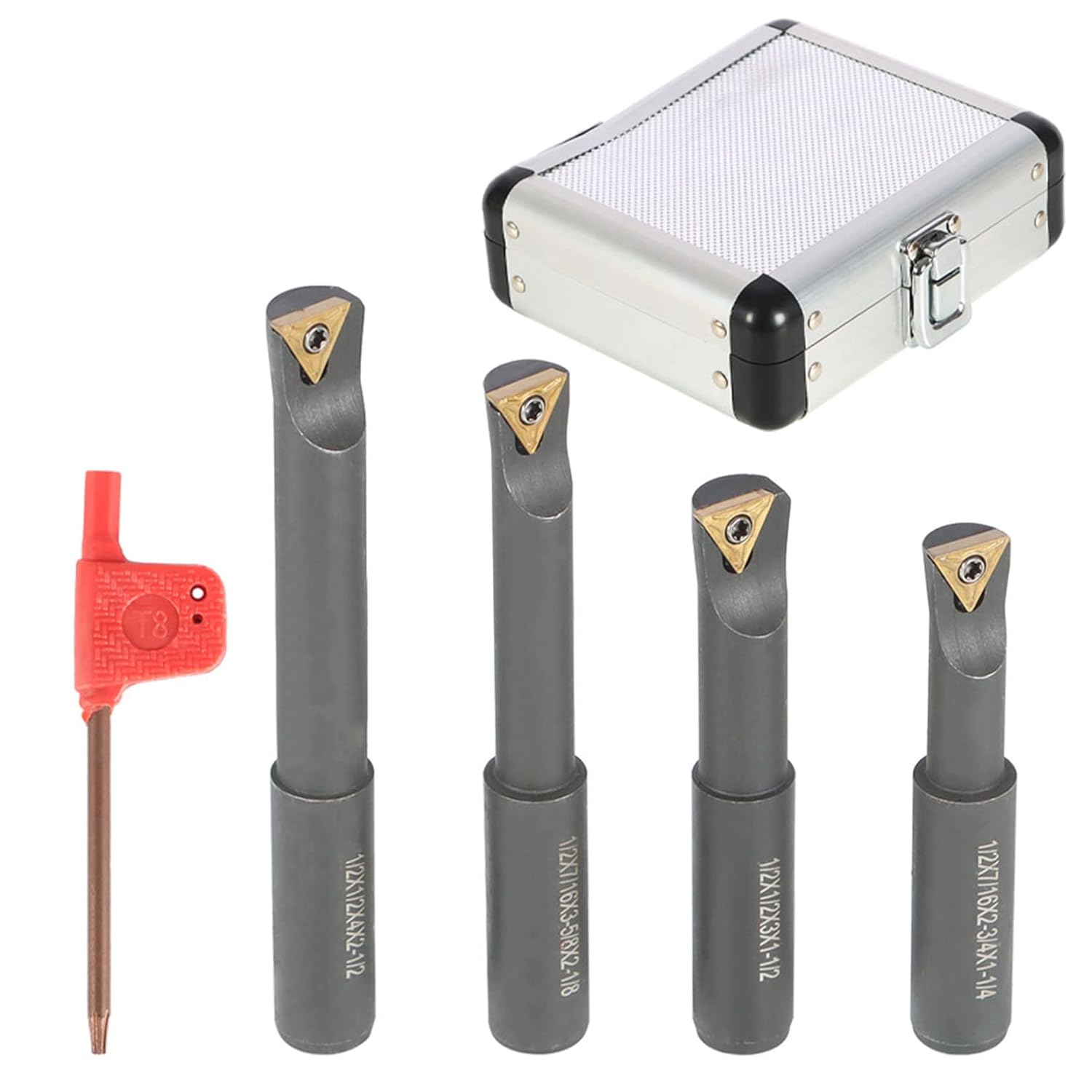 findmall 4Pcs 1/2 Shank Boring Bars Set,90 Degree with Indexable Carbide Inserts TCMT21.51(TCMT110204),1-1/4 to 2-1/2Boring Depth,7/16 to 1/2Min Bore