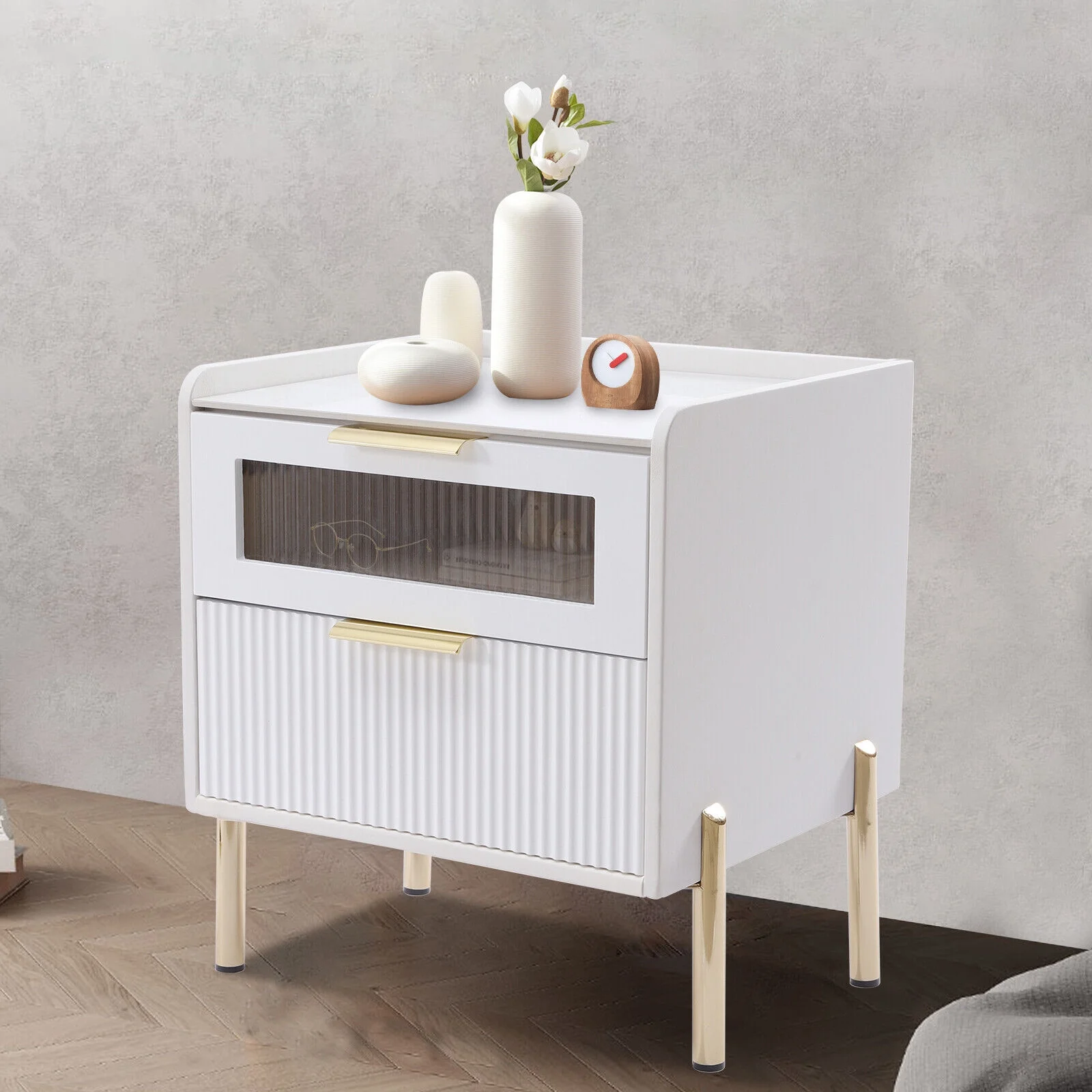 MIDUO Nordic White End Table Wooden Night Stands with 2 Drawers Bedside Table Modern Storage Cabinet for Bedroom